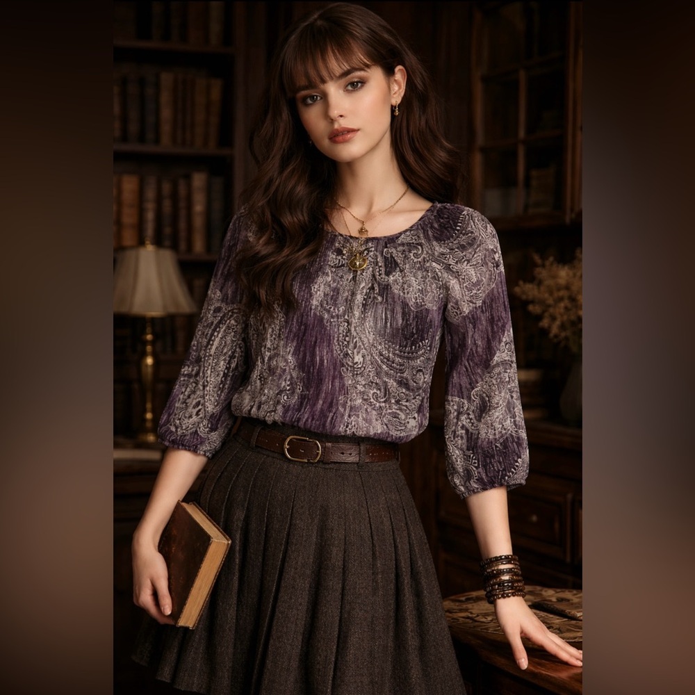 Purple & White Paisley Blouse Silver Metallic in Lining Whimsigoth Bubble Hem